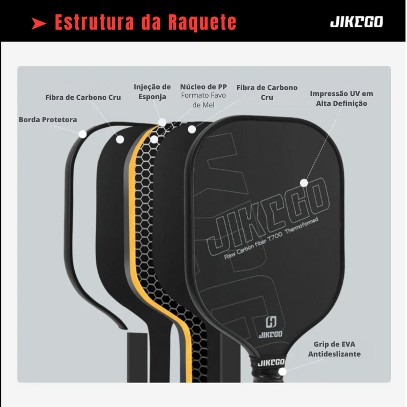 Raquete de Pickleball JIKEGO JK009 Thermoformed T700 Fibra de Carbono